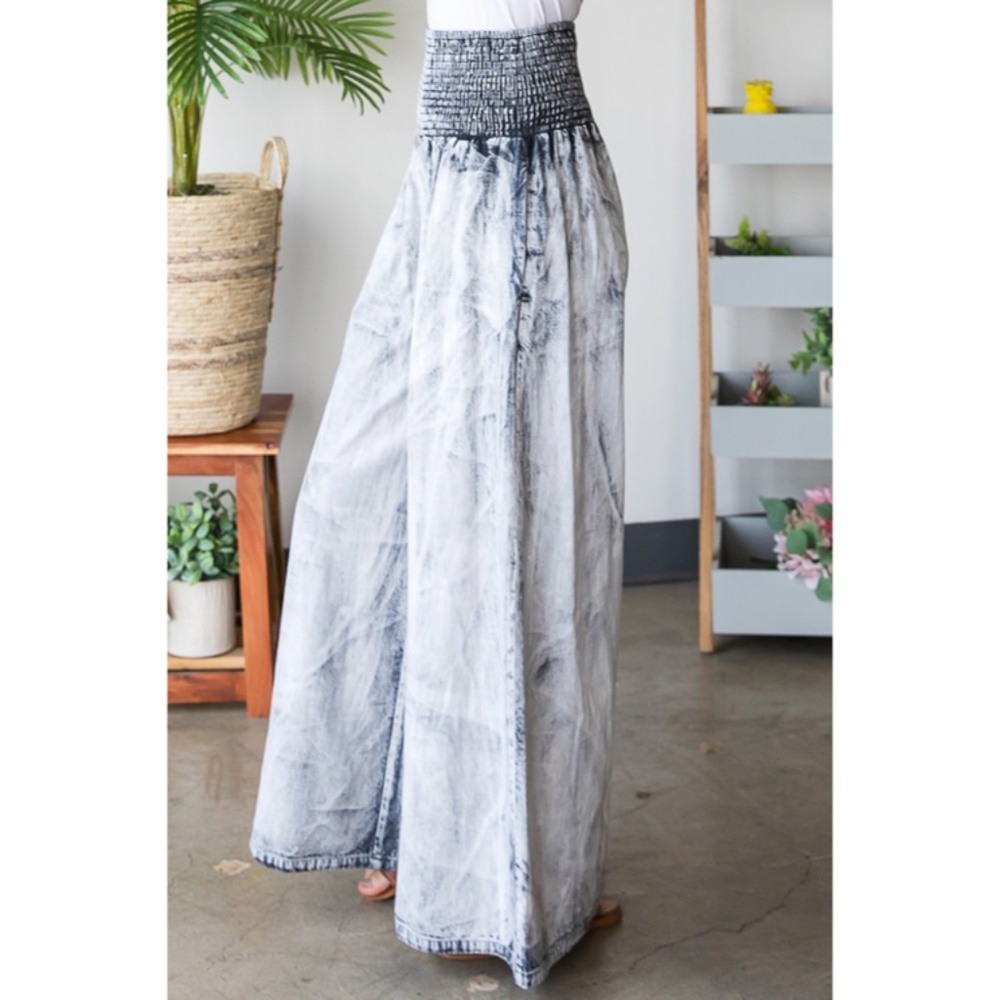 SOLD OUT Bleach Washed Gray Wide Palazzo Leg Tencel Casual Smocked High Waist - Picture 4 of 7